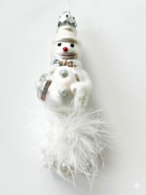 Vintage Hand Blown Glass Christmas Ornament White Snowman Glitter Feathers 5”